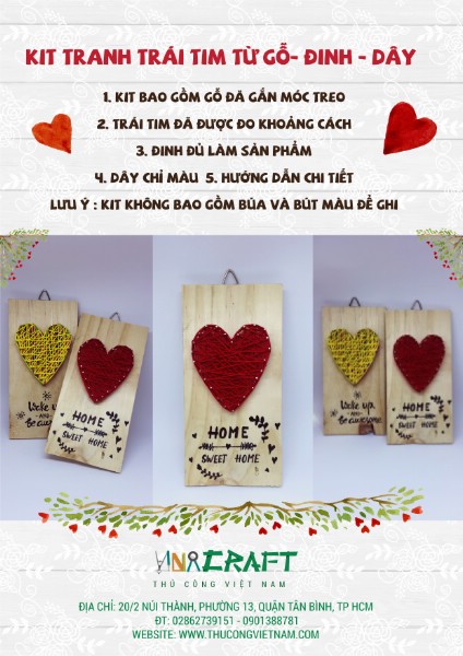 Kit tranh trái tim từ DÂY-GỖ-ĐINH